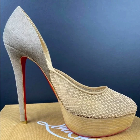 Christian Louboutin Aragna Nude Fishnet Heels Sz 38/7.5 with Sole Guard and Box - Picture 7 of 10